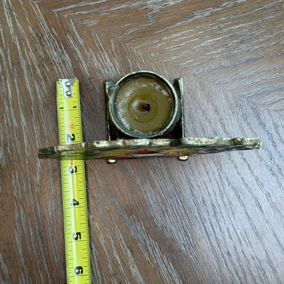 VINTAGE STAINED GLASS CAST IRON CANDLE HOLDER CHRISTMAS WREATH TEALIGHT CANDLE - Picture 6 of 6